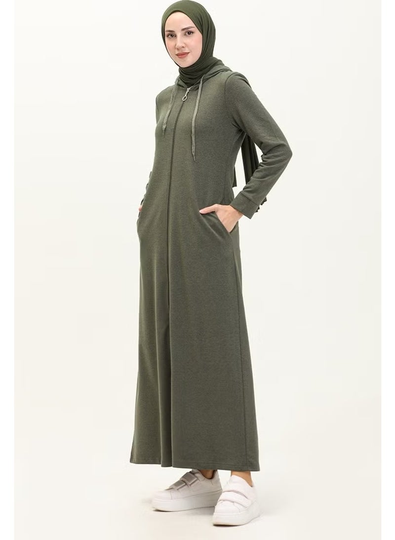 Sefa Merve عباءة رياضية بغطاء رأس وجيب 3011-02 كاكي - Image 2